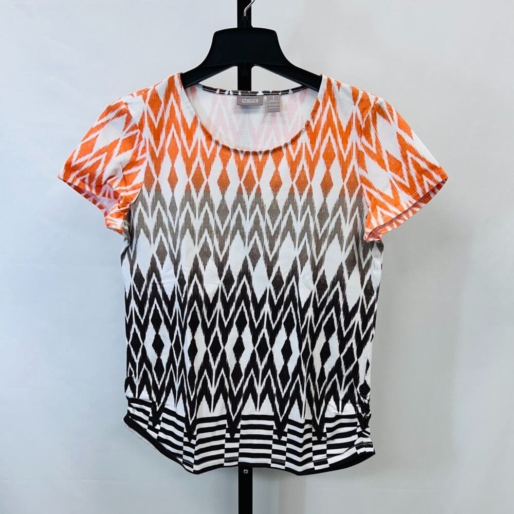 Chico's Women Size S (1) Short Sleeve Top T Shirt Ombre Orange Black Geometric